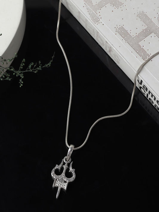 Sterling Silver 92.5 God Shiva Trishul Chain Pendant with Anchor Chain 22 Inches for Men by Akshat Sapphire MPSA7007