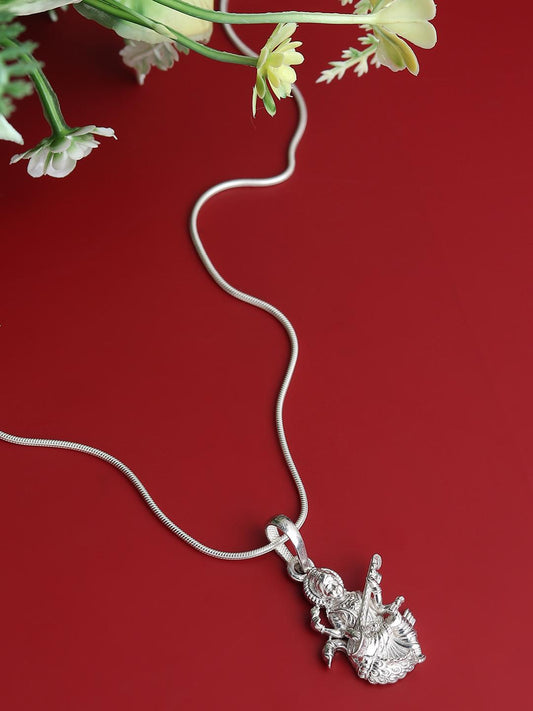 Sterling Silver (92.5% Purity) Pure Silver Goddess Saraswati Maa Chain Pendant (Locket with Anchor Chain-22 inches) for Men & Women