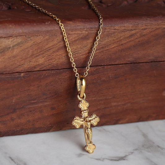 22CT Gold Plated Sterling Silver 92.5% Purity Jesus Cross Pendant with Anchor Chain 22 Inches for Men by Akshat Sapphire MPSA7179_Gold