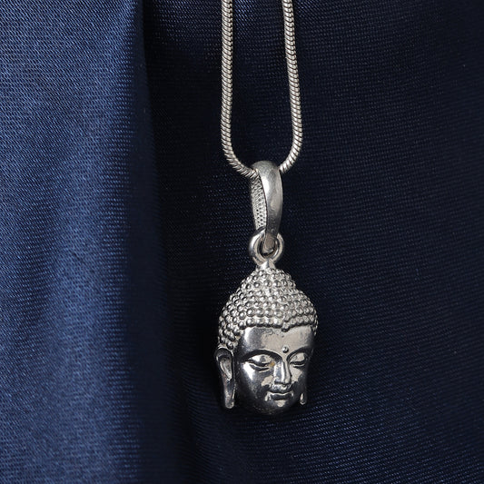 Sterling Silver (92.5% Purity) Pure Silver Spiritual God Gautam Buddha Chain Pendant (Locket with Anchor Chain-22 inches) for Men & Women
