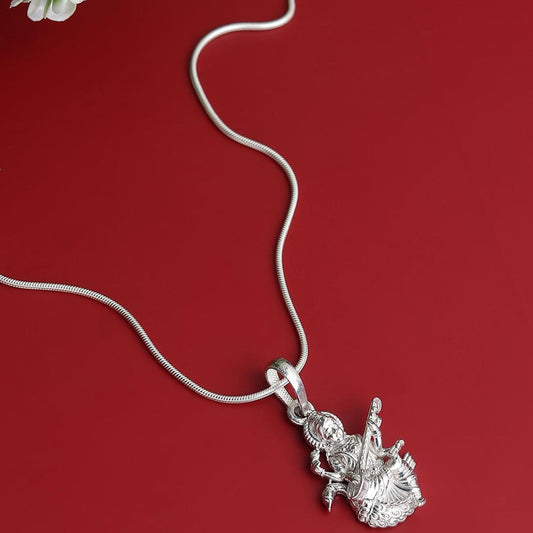 Sterling Silver (92.5% Purity) Pure Silver Goddess Saraswati Maa Chain Pendant (Locket with Box Chain-22 inches) for Men & Women