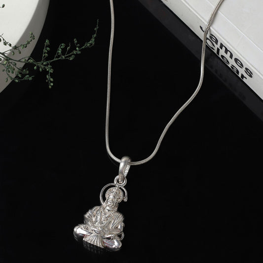 God Hanuman Chain Pendant (Pendant with Box Chain- 22 inches) for Men & Women Pure Silver Lord bajrang bali Chain Locket for Good Health & Wealth