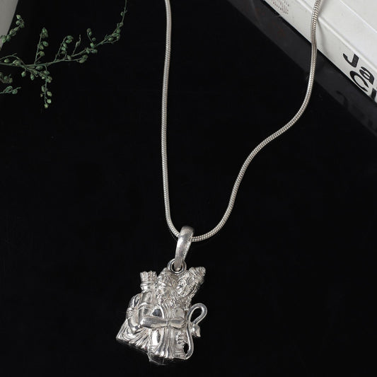 God Hanuman Chain Pendant (Pendant with Box Chain- 22 inches) for Men & Women Pure Silver Lord bajrang bali Chain Locket for Good Health & Wealth