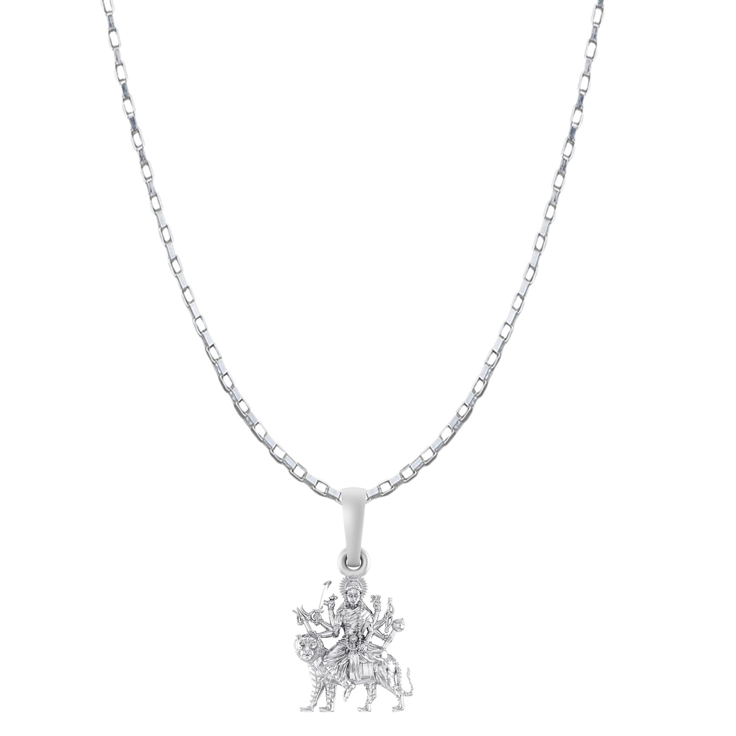 Akshat Sapphire Sterling Silver (92.5% purity) Goddess Durga Maa Chain Pendant (Pendant with Box Chain-22 inches) for Men & Women Pure Silver Durga Maa chain Locket for Good Health & Wealth