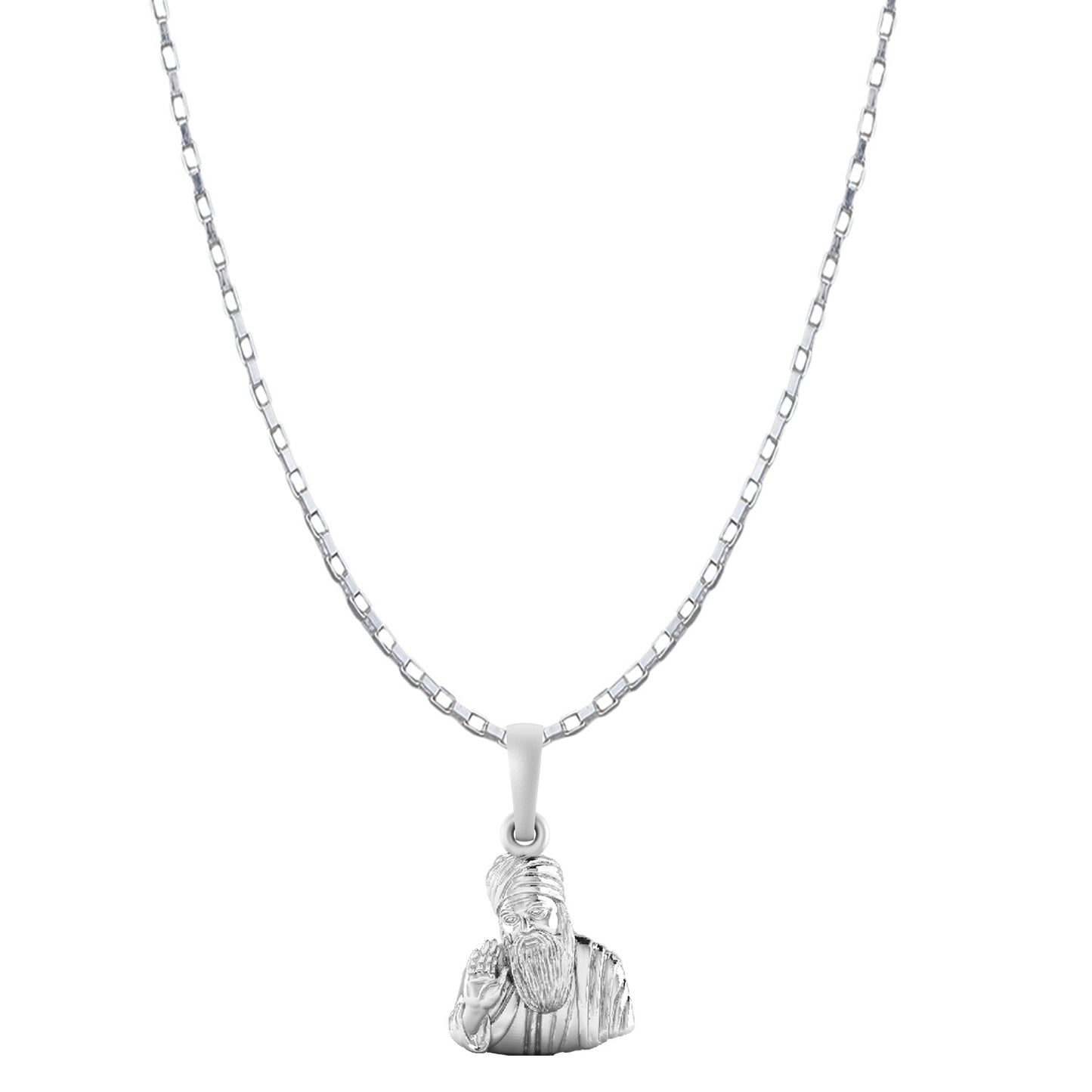 Guru Nanak Chain Pendant (Pendant with Box Chain-22 inches) for Men and women Pure Silver spiritual Punjabi Sikh Sardar Baba Guru Nanak Chain Locket for Good Luck, Health & Wealth
