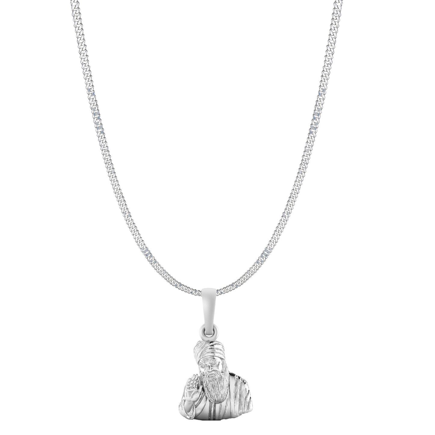 Guru Nanak Chain Pendant (Pendant with Curb Chain-22 inches) for Men and women Pure Silver spiritual Punjabi Sikh Sardar Baba Guru Nanak Chain Locket for Good Luck, Health & Wealth