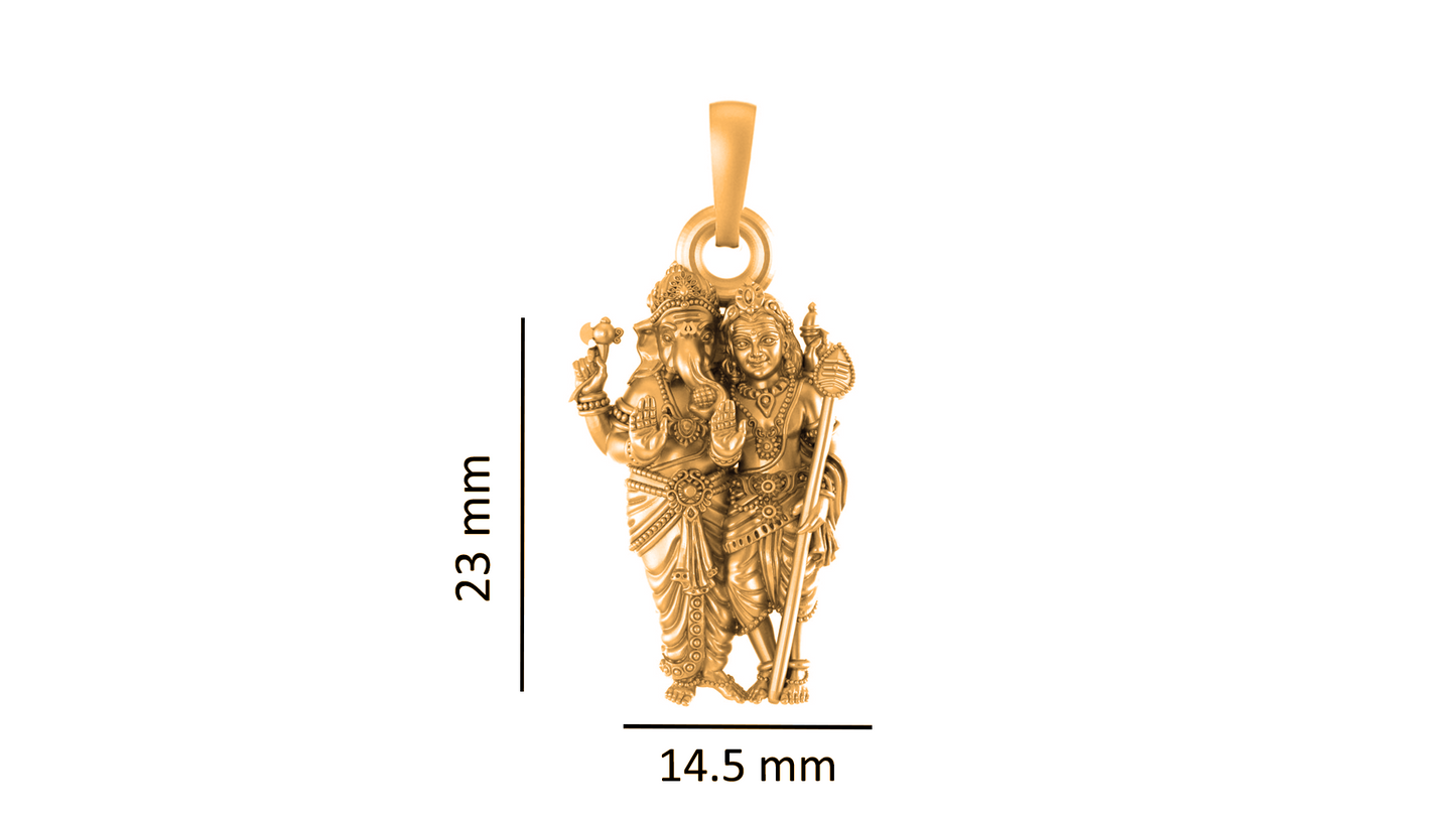 Akhsat Sapphire 22KT Gold Plated Sterling Silver (92.5% purity) God Ganesh kartikeya Brother Chain Pendant (Pendant with Curb Chain-22 inches) for Men & Women Pure Silver Lord Ganapathy Murugan Chain Locket for Good Health & Wealth