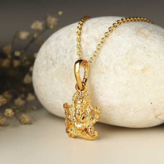 22KT Gold Plated Sterling Silver (92.5% Purity) Pure Silver God Ganesha Chain Pendant (Locket with Curb Chain-22 inches) for Men & Women