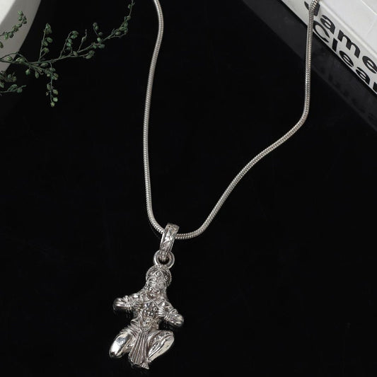 God Hanuman Chain Pendant (Pendant with Curb Chain- 22 inches) for Men & Women Pure Silver Lord bajrang bali Chain Locket for Good Health & Wealth