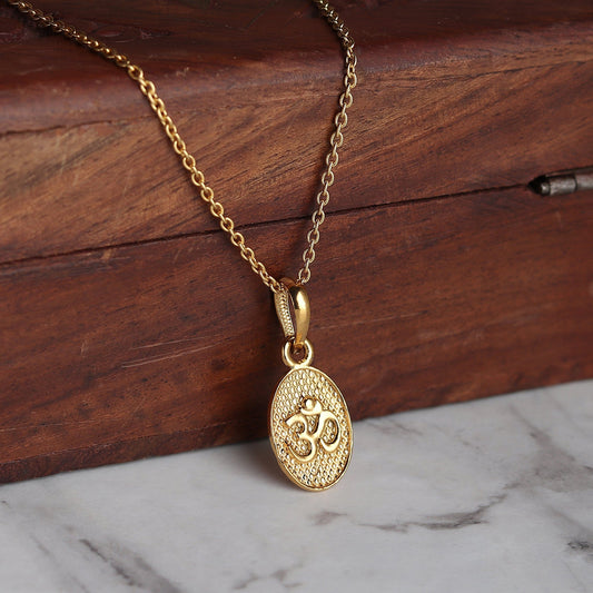 22KT Gold Plated Sterling Silver (92.5% Purity) Pure Silver Spiritual OM Chain Pendant (Locket with Curb Chain-22 inches) for Men & Women