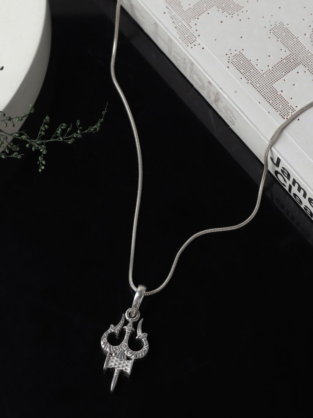 Akshat Sapphire Sterling Silver (92.5% purity) Spiritual Shiva Trishul Chain Pendant (Pendant with Figaro Chain-22 inches) for Men & Women Pure Silver Divine Shiva Trishul Chain Locket for Good Health & Wealth