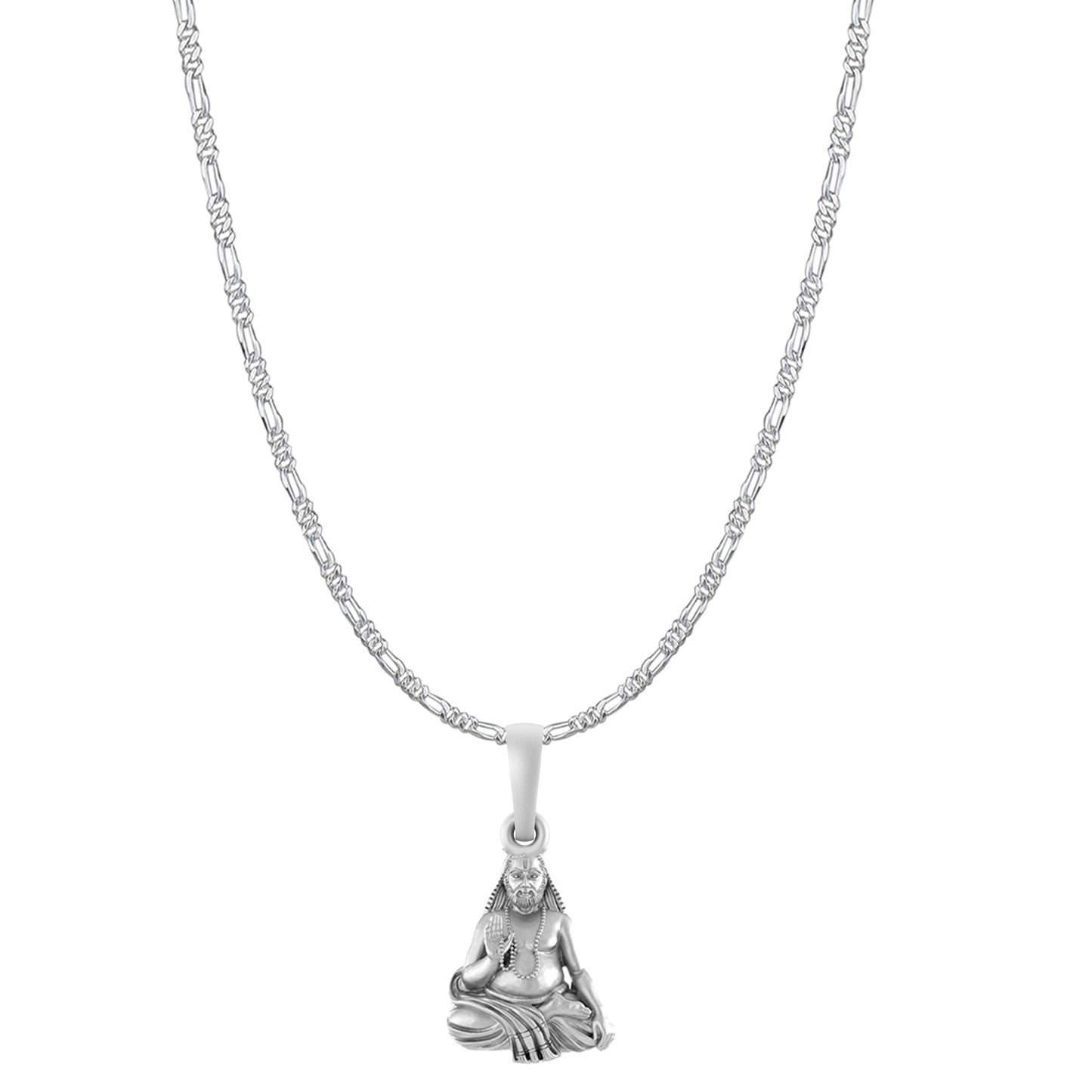 Akshat Sapphire Sterling Silver (92.5% purity) Spiritual Raghavendra Swamy (Pendant with Figaro Chain-22 inches) for Men & Women Pure Silver religious Raghvendra Swami chain Locket for Good Health & Wealth