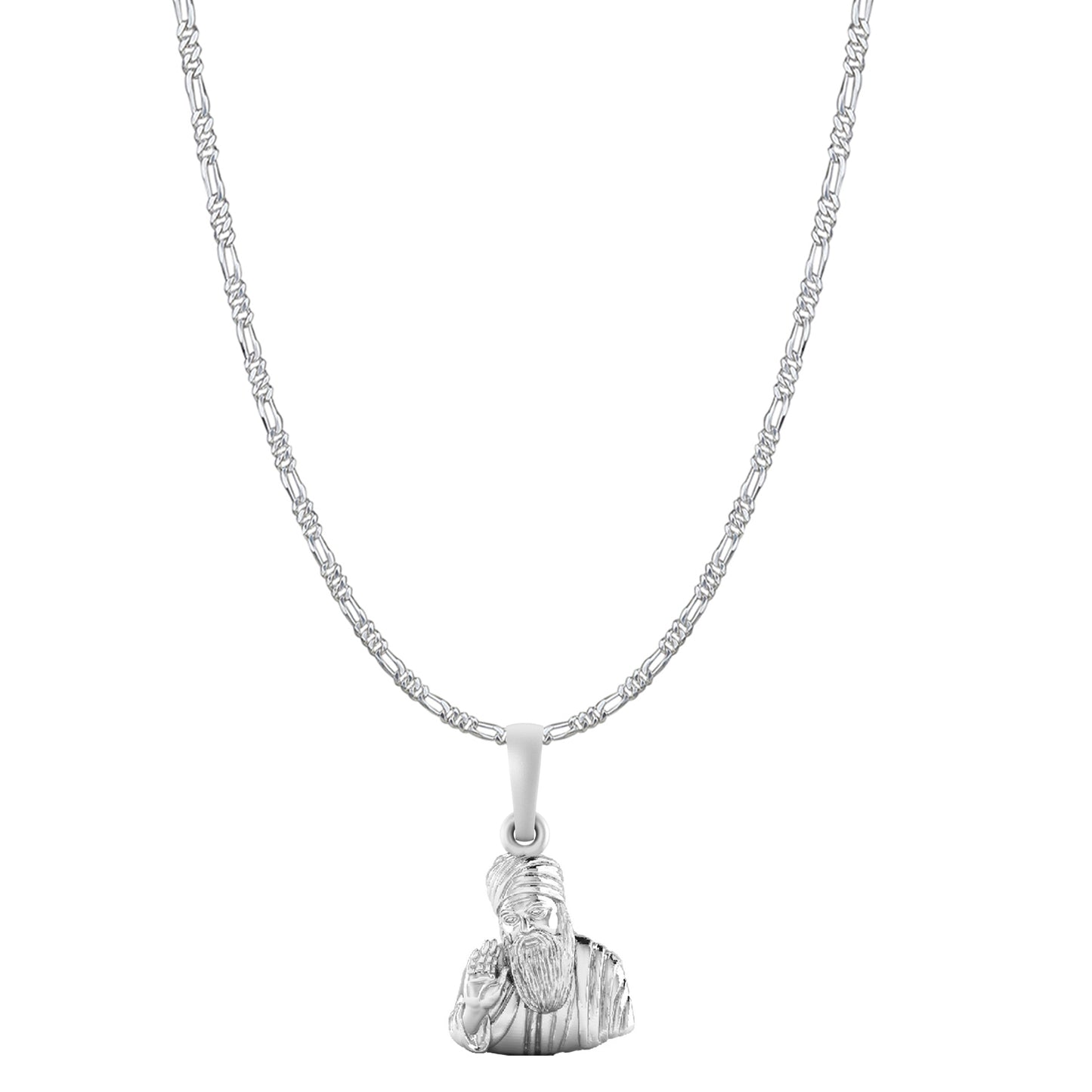 Guru Nanak Chain Pendant (Pendant with Figaro Chain-22 inches) for Men and women Pure Silver spiritual Punjabi Sikh Sardar Baba Guru Nanak Chain Locket for Good Luck, Health & Wealth