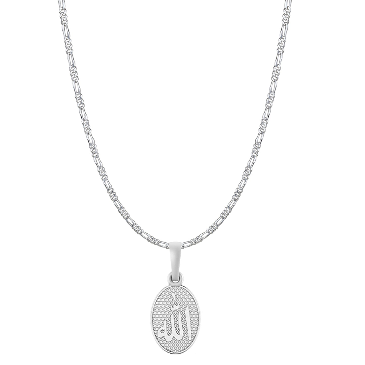 Religious God Allah Barkat Chain Pendant (Pendant with Figaro Chain-22 inches) for Men and women Pure Silver spiritual Islamic Muslim Allah Barkat Kareem symbol Chain Locket for Good Luck, Health & Wealth