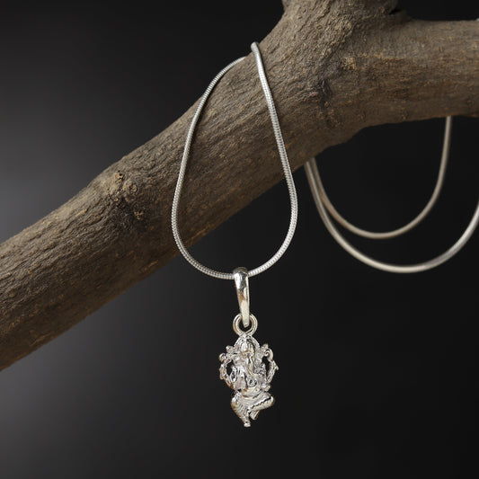 Sterling Silver (92.5% Purity) Pure Silver God Ganesha Chain Pendant (Locket with Figaro Chain-22 inches) for Men & Women