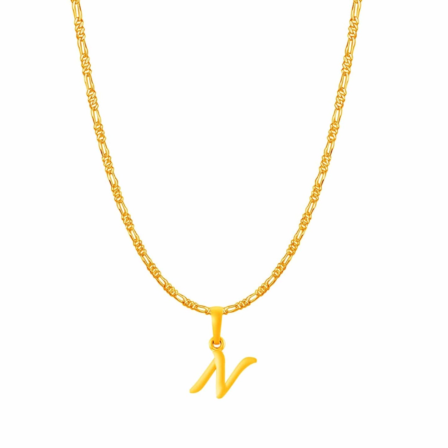22KT Gold Plated Pure Silver (92.5% purity) precious Name alphabet chain pendant (Locket with Figaro chain- 22 Inches)