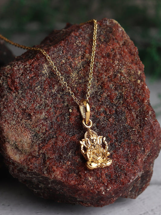 22KT Gold Plated Sterling Silver (92.5% Purity) Pure Silver God Ganesha Chain Pendant (Locket with Rope Chain-22 inches) for Men & Women