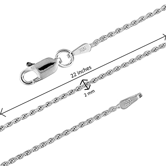 Sterling Silver (92.5% purity) Italian Rope chain (22 inches) for Men, Boys Girls and Women
