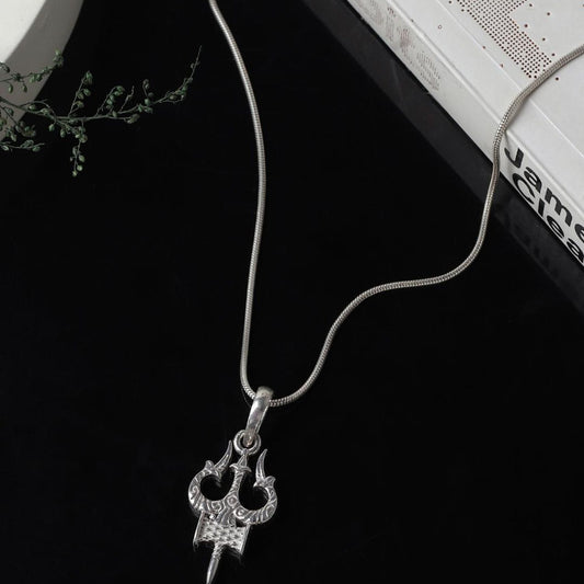 Sterling Silver 92.5 God Shiva Trishul Chain Pendant with Snake Chain 22 Inches for Men by Akshat Sapphire MPSS7007