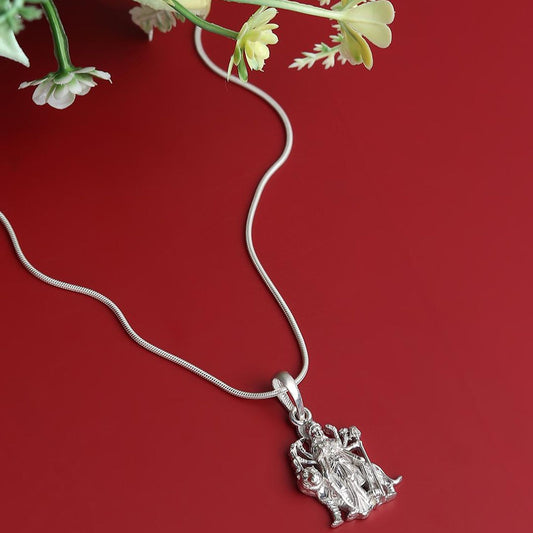 Sterling Silver (92.5% Purity) Pure Silver Goddess Durga Maa Chain Pendant (Locket with Snake Chain-22 inches) for Men & Women