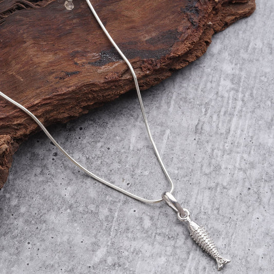 Sterling Silver 92.5 Fashionable Fish Chain Pendant with Snake Chain 22 Inches for Men by Akshat Sapphire MPSS7337