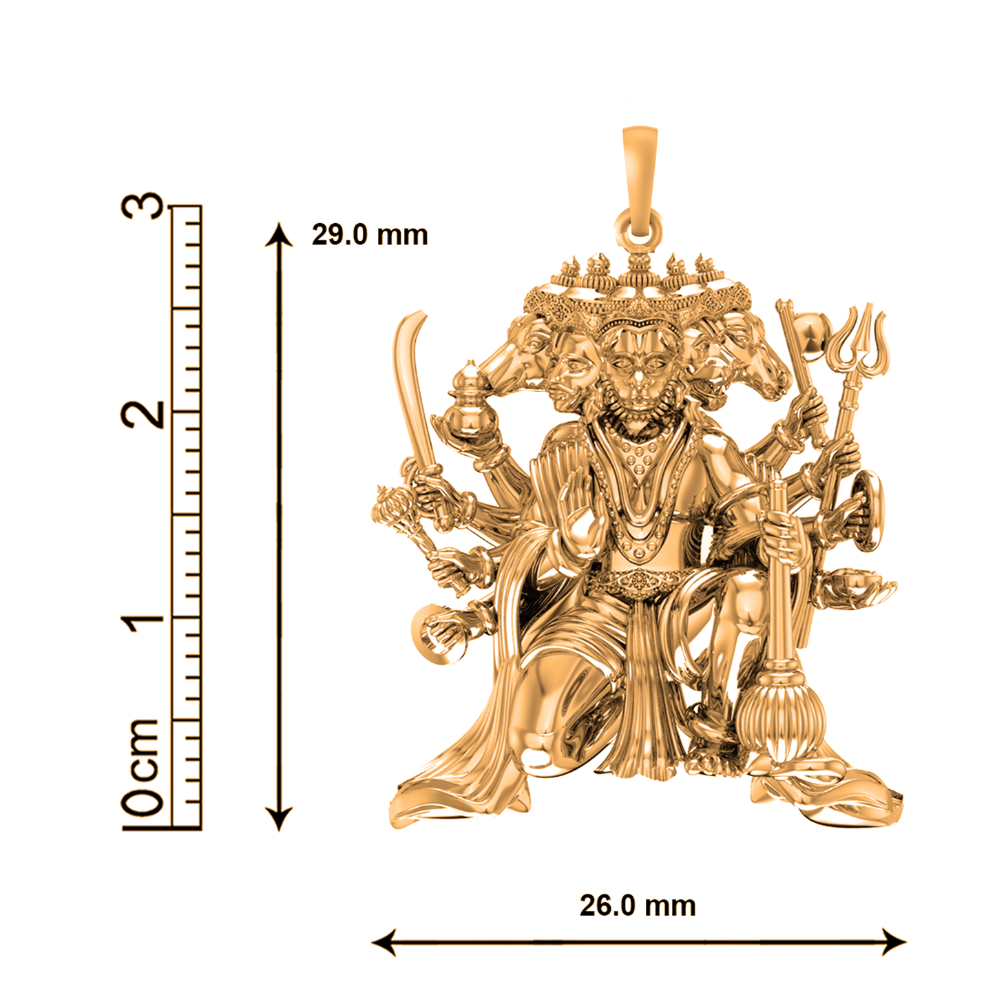 22 CT Gold Plated Silver (92.5% purity) God Panchmukhi Hanuman (Big Size) Pendant for Men