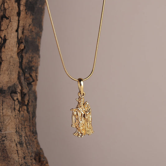 22KT Gold Plated Sterling Silver (92.5% Purity) Pure Silver God Radha Krishna Chain Pendant (Locket with Anchor/ Cable Chain Chain) for Women