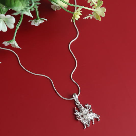 Sterling Silver (92.5% Purity) Pure Silver Goddess Durga Maa Chain Pendant (Locket with Box Chain) for Men & Women