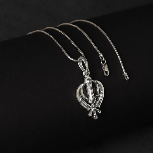 Sterling Silver (92.5% Purity) Pure Silver Sikh Khanda Symbol chain Pendant (Locket with Box Chain) for Men and Women