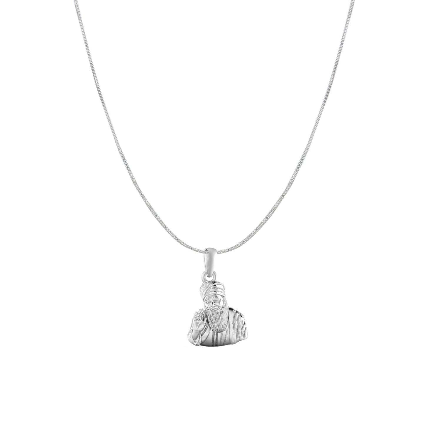 Guru Nanak Chain Pendant (Pendant with Box Chain) for Men and women Pure Silver spiritual Punjabi Sikh Sardar Baba Guru Nanak Chain Locket for Good Luck, Health & Wealth