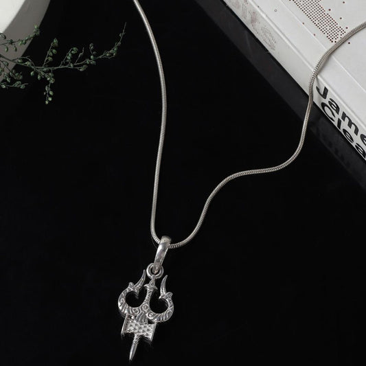 Sterling Silver (92.5% Purity) Pure Silver Spiritual Shiva Trishul Chain Pendant (Locket with Ball/Beads Chain) for Men & Women
