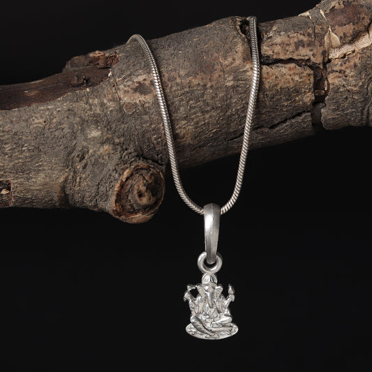 Sterling Silver (92.5% Purity) Pure Silver God Ganesha Chain Pendant (Locket with Ball/Beads Chain) for Men & Women