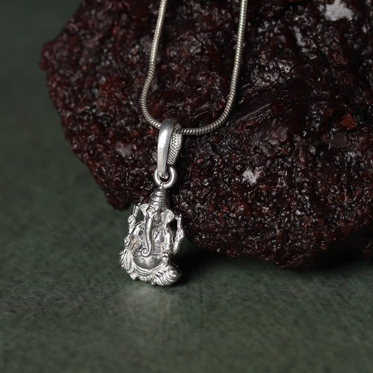 Sterling Silver (92.5% Purity) Pure Silver God Ganesha Chain Pendant (Locket with Ball/Beads Chain) for Men & Women