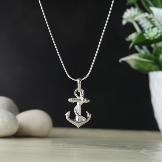 Sterling Silver (92.5% Purity) Pure Silver Ship Anchor Chain Pendant (Locket with Ball/Beads Chain) for Men & Women