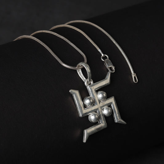 Sterling Silver (92.5% Purity) Pure Silver Spiritual Swastik Symbol Chain Pendant (Locket with Ball/Beads Chain) for Men & Women