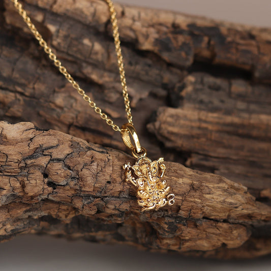 22KT Gold Plated Sterling Silver (92.5% Purity) Pure Silver God Ganesha Chain Pendant (Locket with Ball Chain) for Women