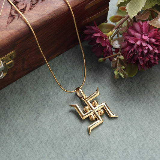 22KT Gold Plated Sterling Silver (92.5% Purity) Pure Silver Spiritual Swastik Symbol Chain Pendant (Locket with Ball Chain) for Women