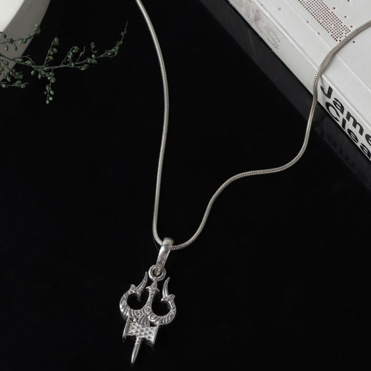 Sterling Silver (92.5% Purity) Pure Silver Spiritual Shiva Trishul Chain Pendant (Locket with Figaro Chain) for Men & Women