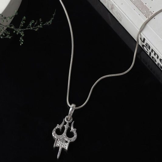 Sterling Silver 92.5 God Shiva Trishul Chain Pendant with figaro Chain 18 Inches for women by Akshat Sapphire PSF7007