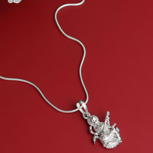 Sterling Silver (92.5% Purity) Pure Silver Goddess Saraswati Maa Chain Pendant (Locket with Figaro Chain) for Men & Women
