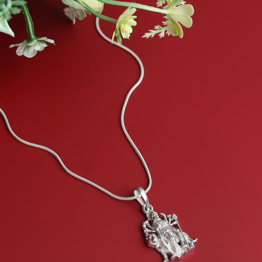 Sterling Silver (92.5% Purity) Pure Silver Goddess Durga Maa Chain Pendant (Locket with Figaro Chain) for Men & Women