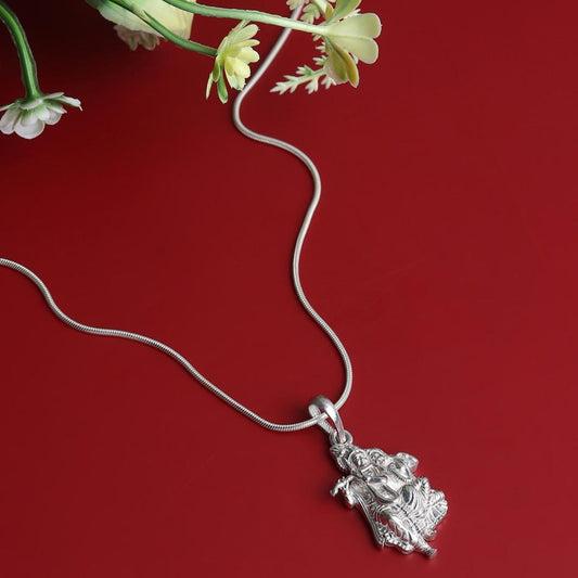 Sterling Silver (92.5% Purity) Pure Silver God Radha Krishna Chain Pendant (Locket with Figaro Chain) for Men & Women
