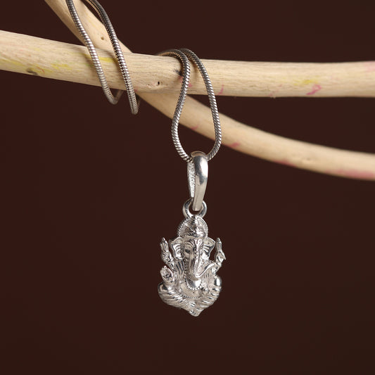 Sterling Silver (92.5% Purity) Pure Silver God Ganesha Chain Pendant (Locket with Figaro Chain) for Men & Women
