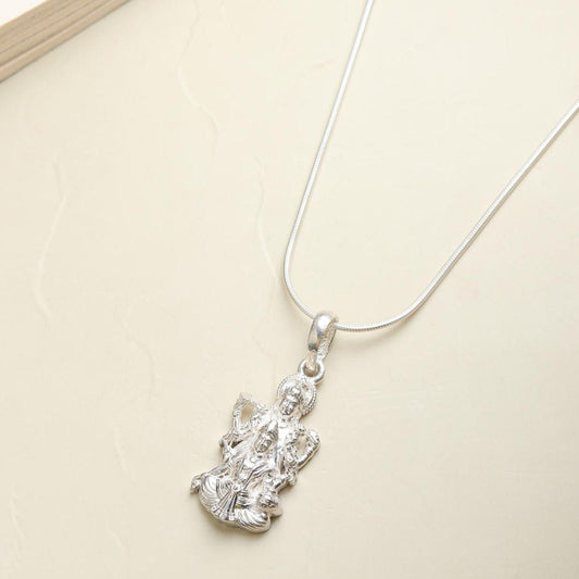 Sterling Silver 92.5 God Vishnu Laxmi Chain Pendant with figaro Chain 18 Inches for women by Akshat Sapphire PSF7229