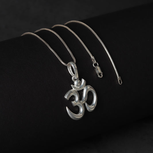 Sterling Silver (92.5% Purity) Pure Silver Spiritual OM Chain Pendant (Locket with Figaro Chain) for Men & Women