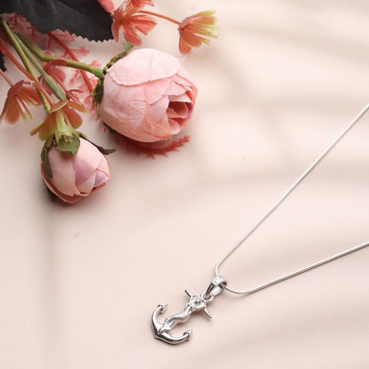 Sterling Silver (92.5% Purity) Pure Silver Ship Anchor Chain Pendant (Locket with Figaro Chain) for Men & Women