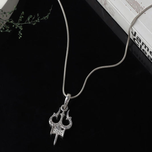 Sterling Silver (92.5% Purity) Pure Silver Spiritual Shiva Trishul Chain Pendant (Locket with Rope Chain) for Men & Women