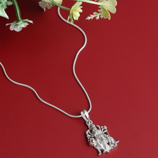 Sterling Silver (92.5% Purity) Pure Silver Goddess Durga Maa Chain Pendant (Locket with Rope Chain) for Men & Women