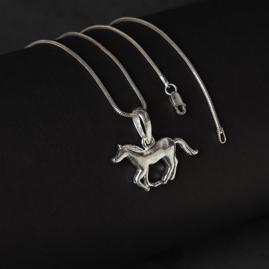 Sterling Silver (92.5% Purity) Pure Silver Strength Symbolic Horse Chain Pendant (Locket with Snake Chain) for Men & Women