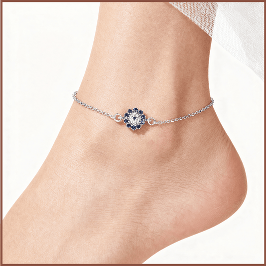 Evil Eye Anklet for Girls & Women by Akshat Sapphire 92.5 Pure Silver Rhodium Plated PYBCACT03